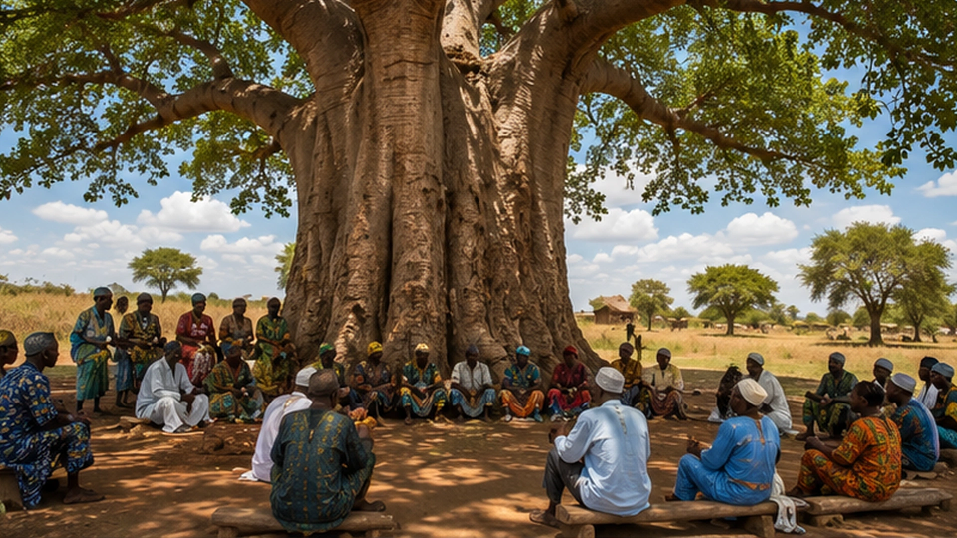 Multigenerational African community gathered respectfully beneath a large baobab tree