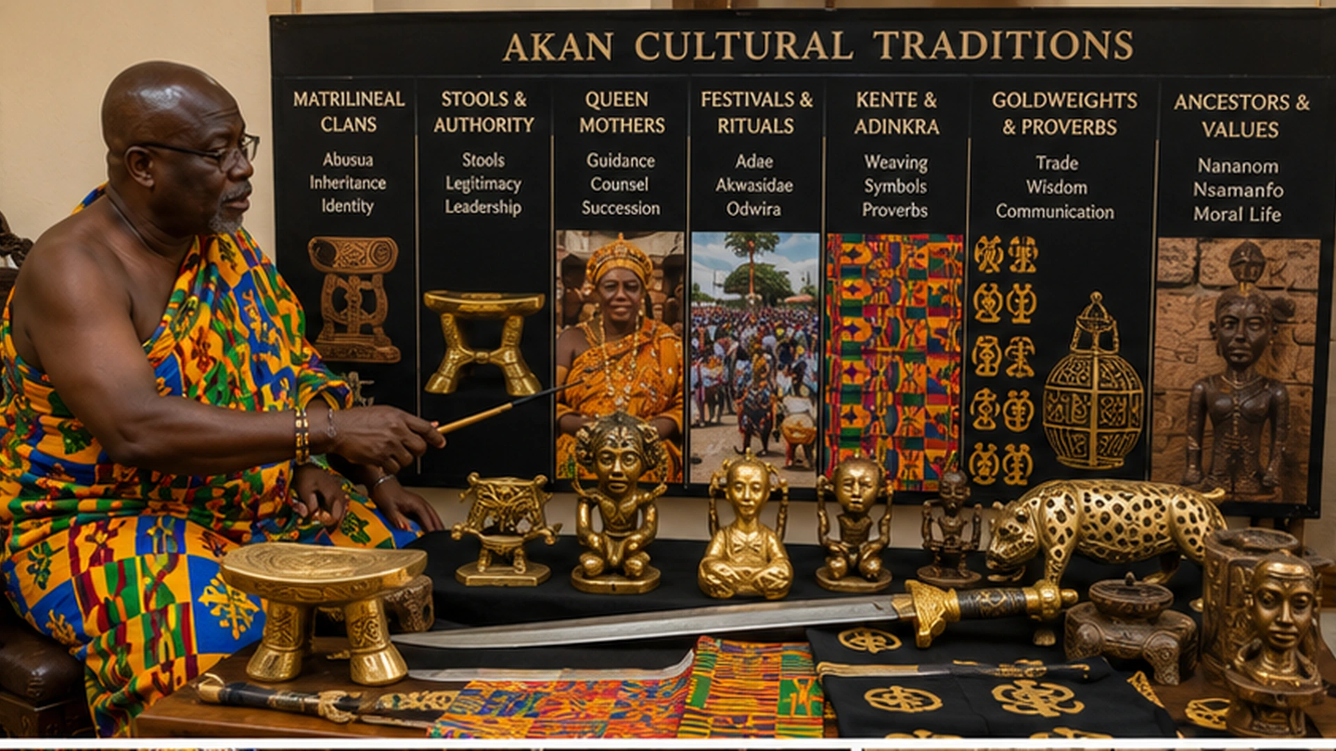 Akan cultural historian explaining matrilineal clans, stools, kente, adinkra, festivals, goldweights, proverbs, and ancestral remembrance
