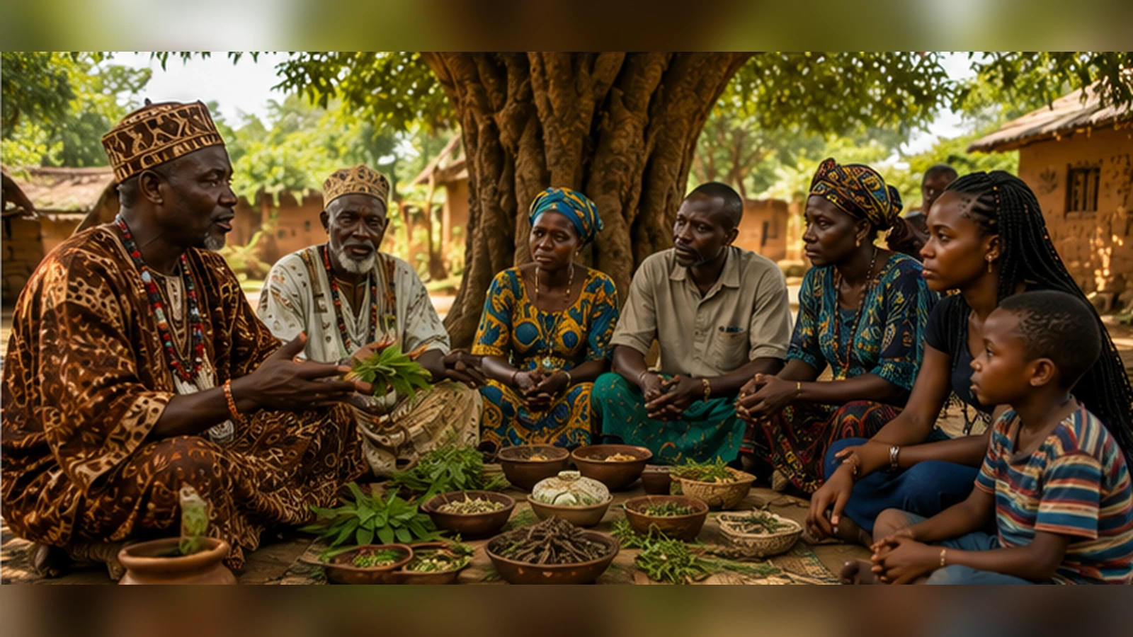 African community healer, elders, family members, and healthcare workers discussing culturally respectful community care