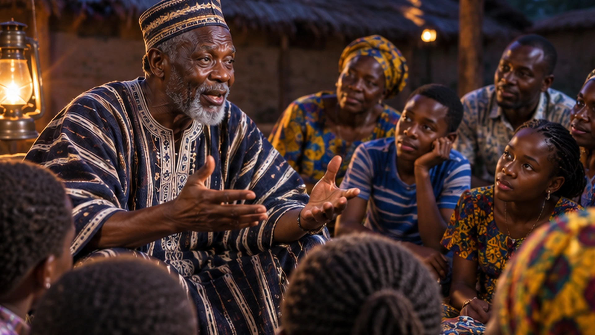 African elder telling a dream-inspired story to a multigenerational audience in a respectful community setting