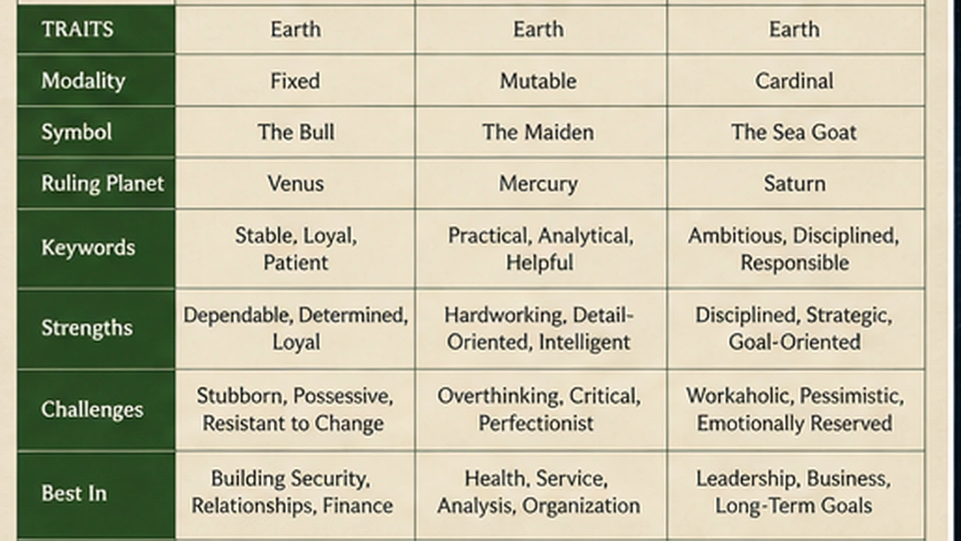 03 Earth Signs Traits Comparison