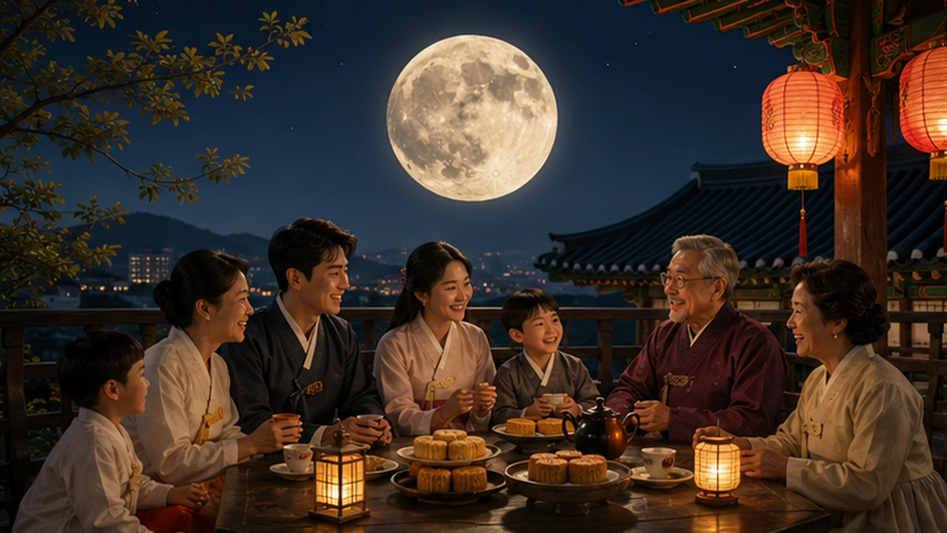 Culturally distinct full Moon traditions represented through family gatherings, moon viewing, lanterns, harvest foods, prayer, and community dance