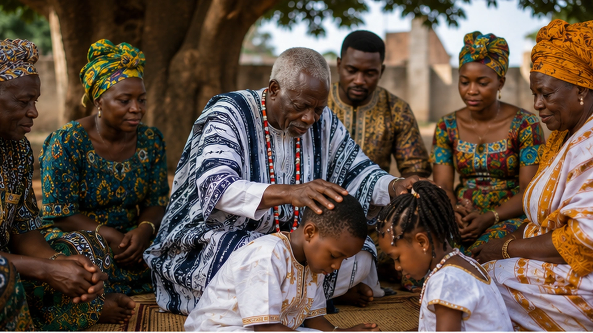 Respected elder offering a public family blessing during a multigenerational community gathering