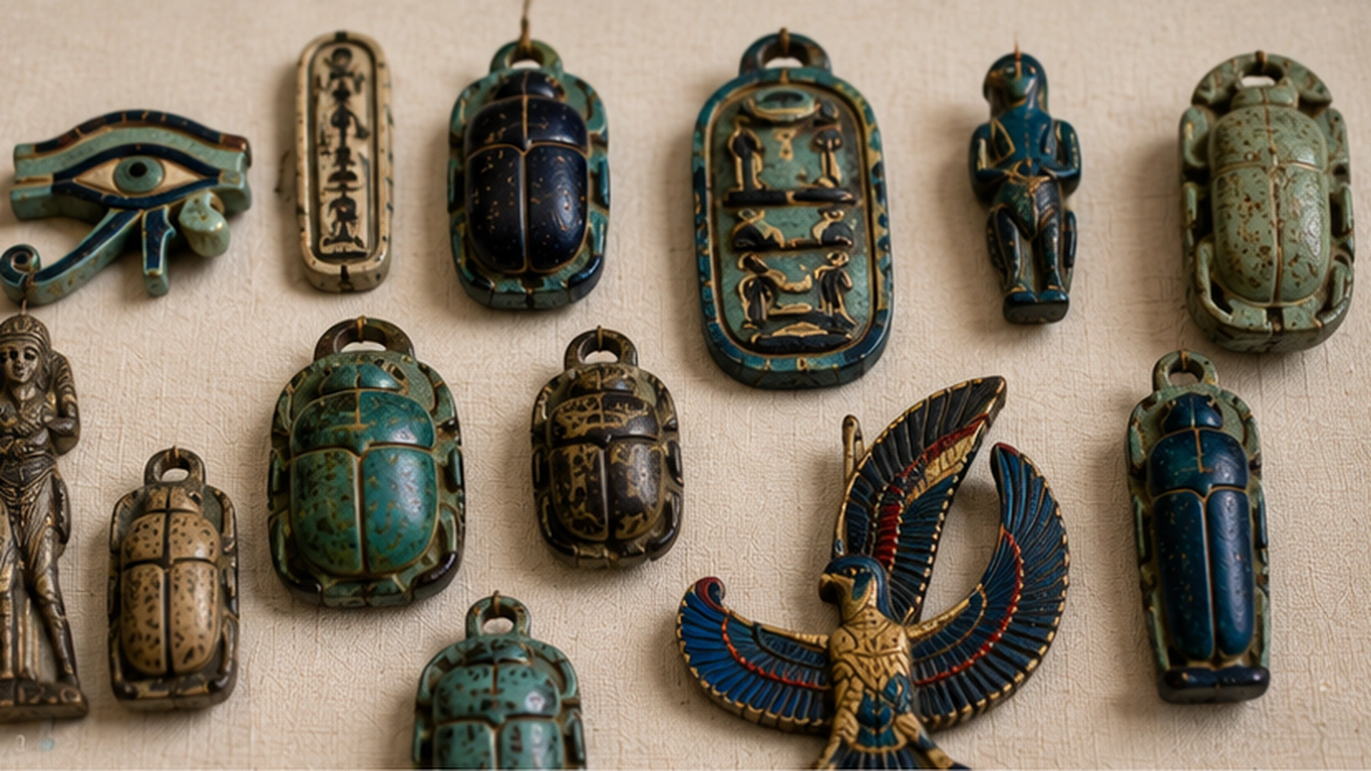 02 Ancient Egyptian Protective Scarab And Eye Amulets 02 Ancient Egyptian Protective Scarab And Eye Amulets