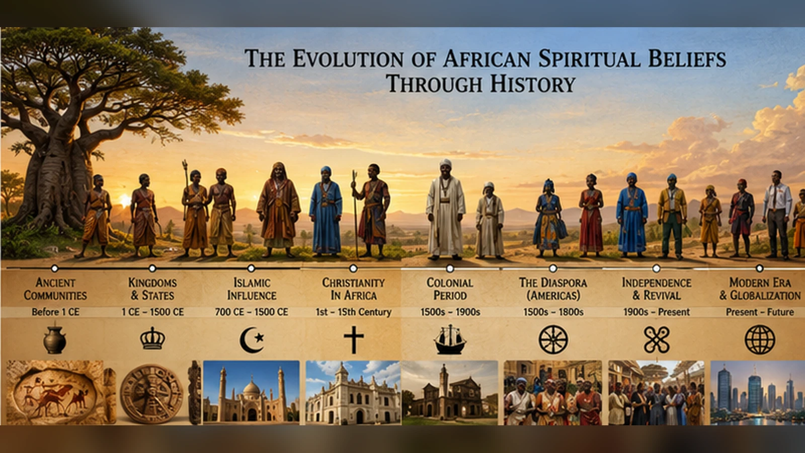 Historical timeline showing African spiritual traditions evolving through kingdoms, trade, religious exchange, colonialism, diaspora, and modern cultural revival