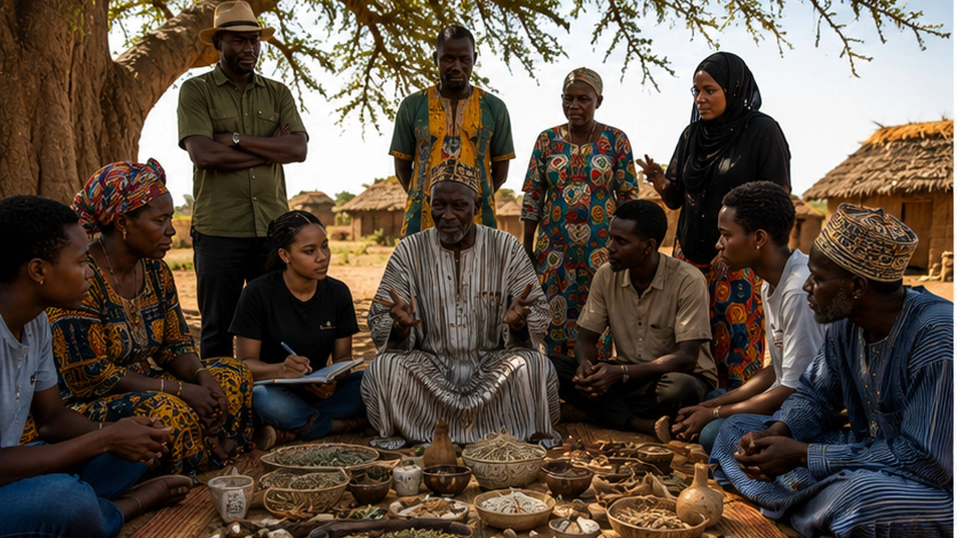 African elders, farmers, pastoralists, healers, craftspeople, and students sharing community knowledge in culturally distinct settings