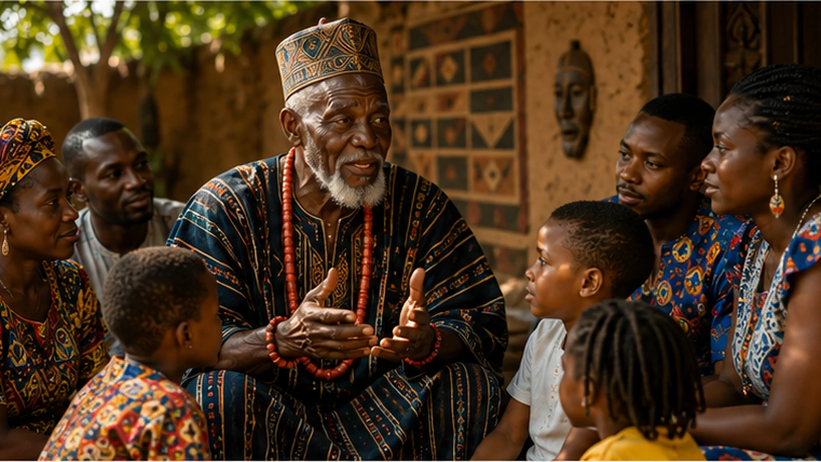 African family listening to an elder share stories about ancestors, family history, and cultural values