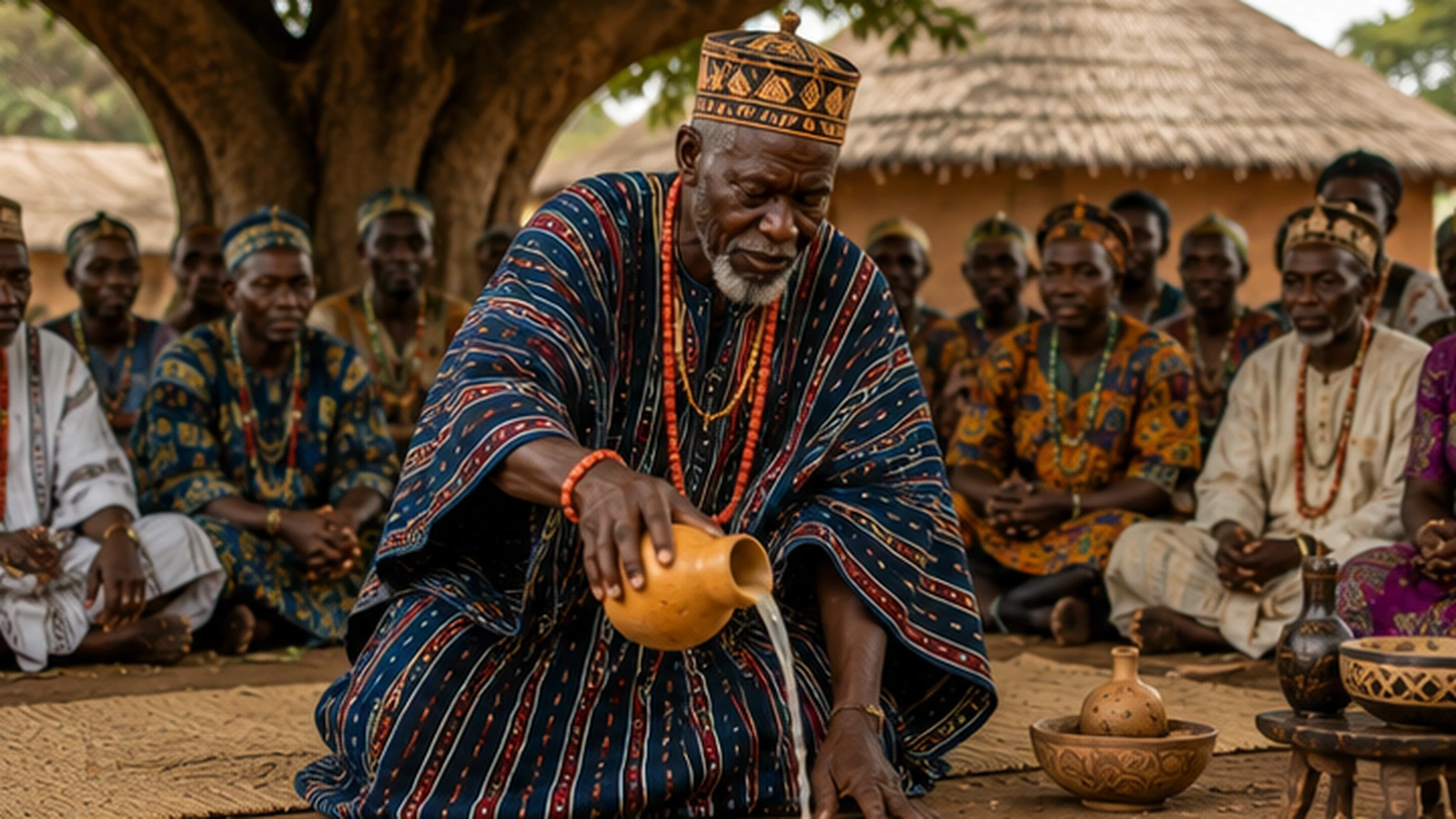 African elder respectfully pouring a ceremonial libation during a community gathering