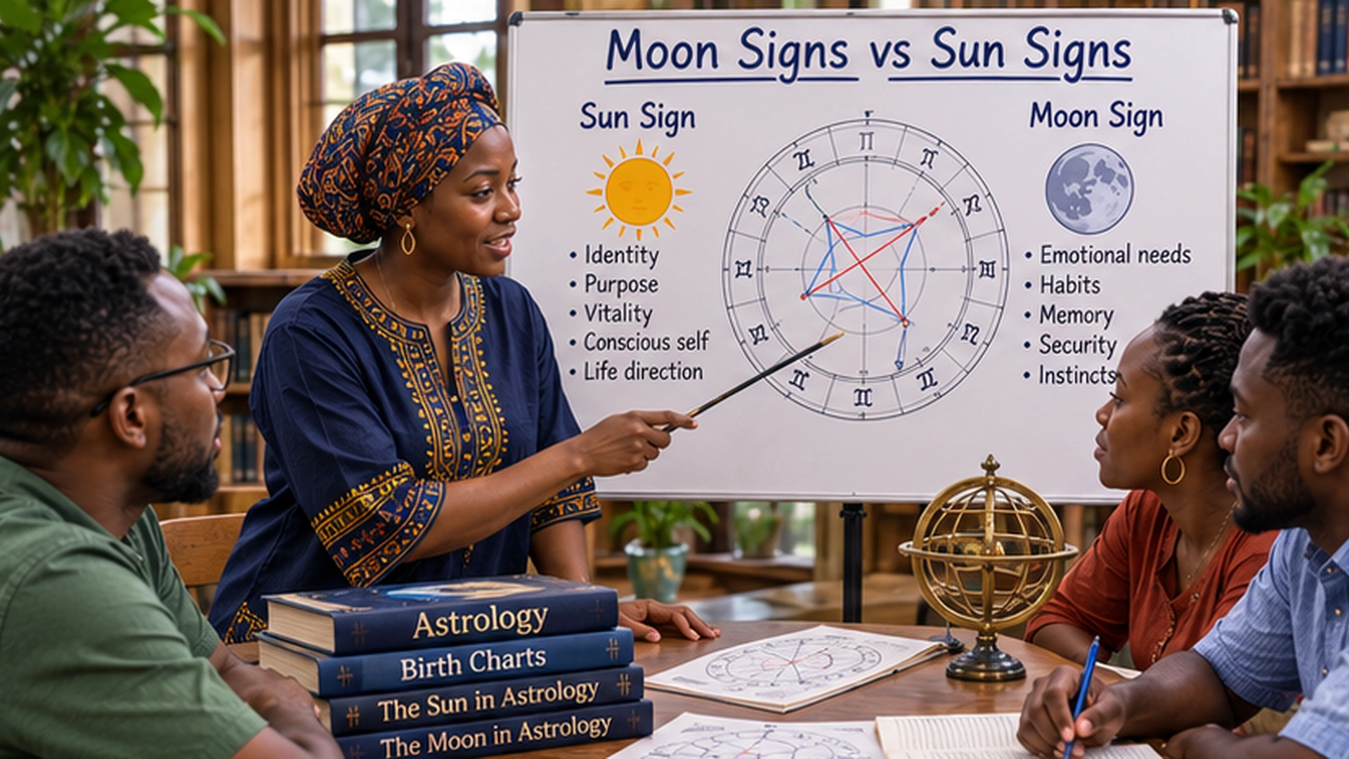 Black African astrology educator comparing Sun and Moon placements on a birth chart with adult learners