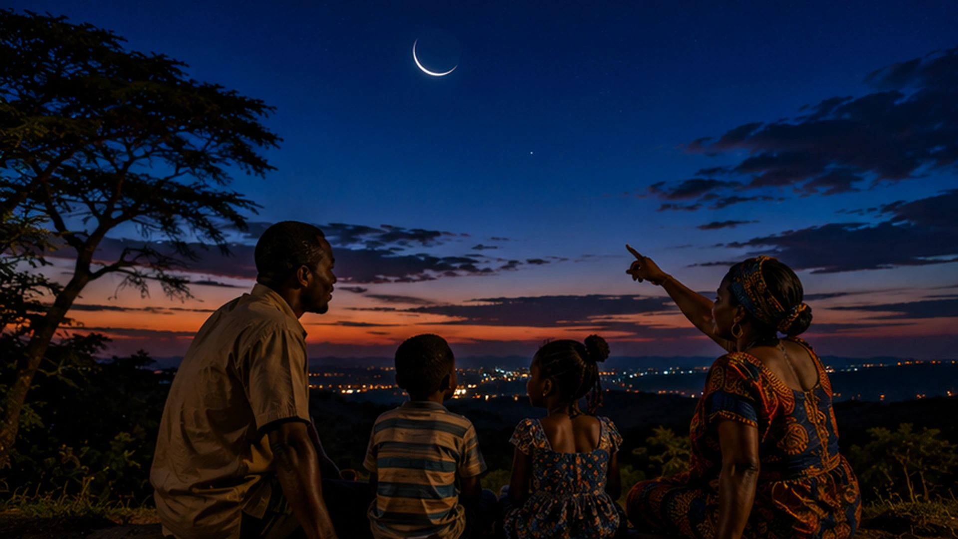 Dark new-Moon sky above an African landscape with a family observing the first thin crescent after sunset