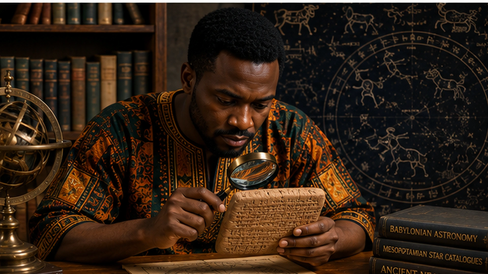 Black African historian studying a Babylonian zodiac tablet beside historical star charts and astronomical instruments
