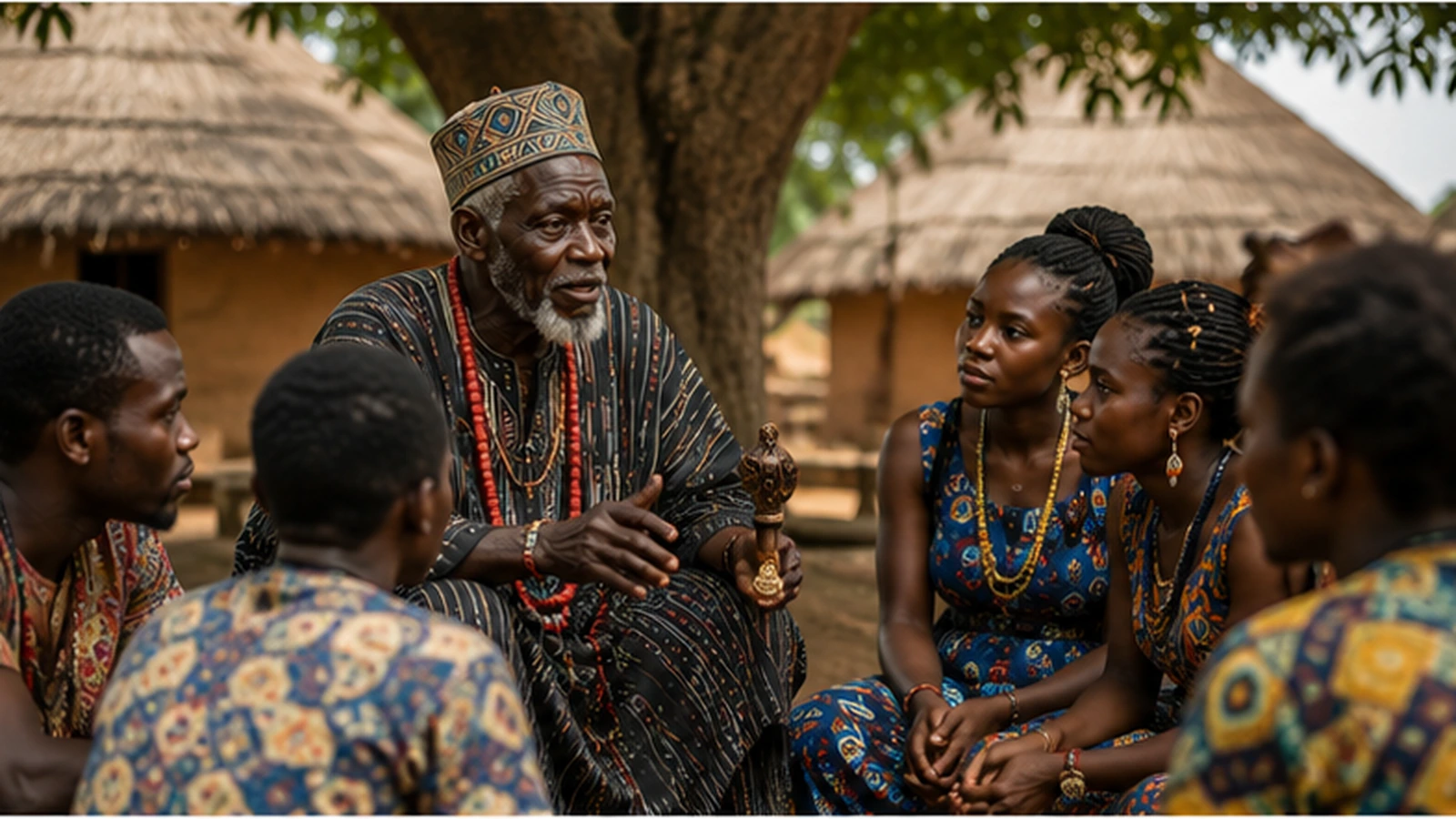 African elder sharing cultural and spiritual knowledge with younger community members during a respectful gathering