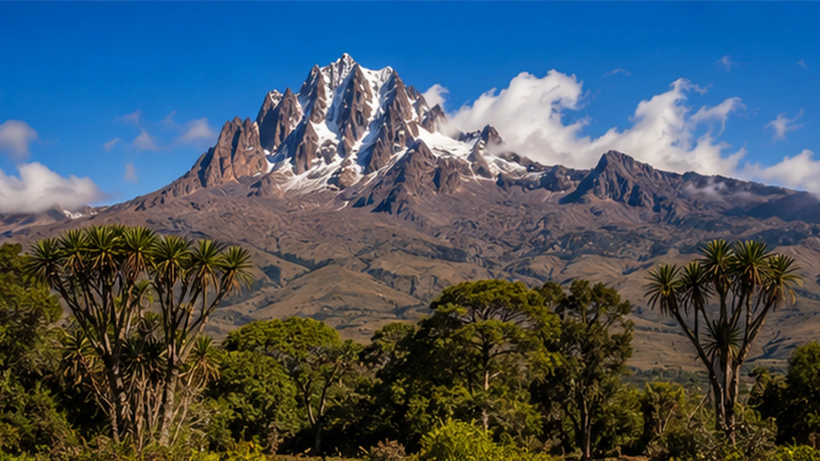 African sacred landscape featuring a forested mountain, flowing river, ancient trees, and community members gathered respectfully nearby