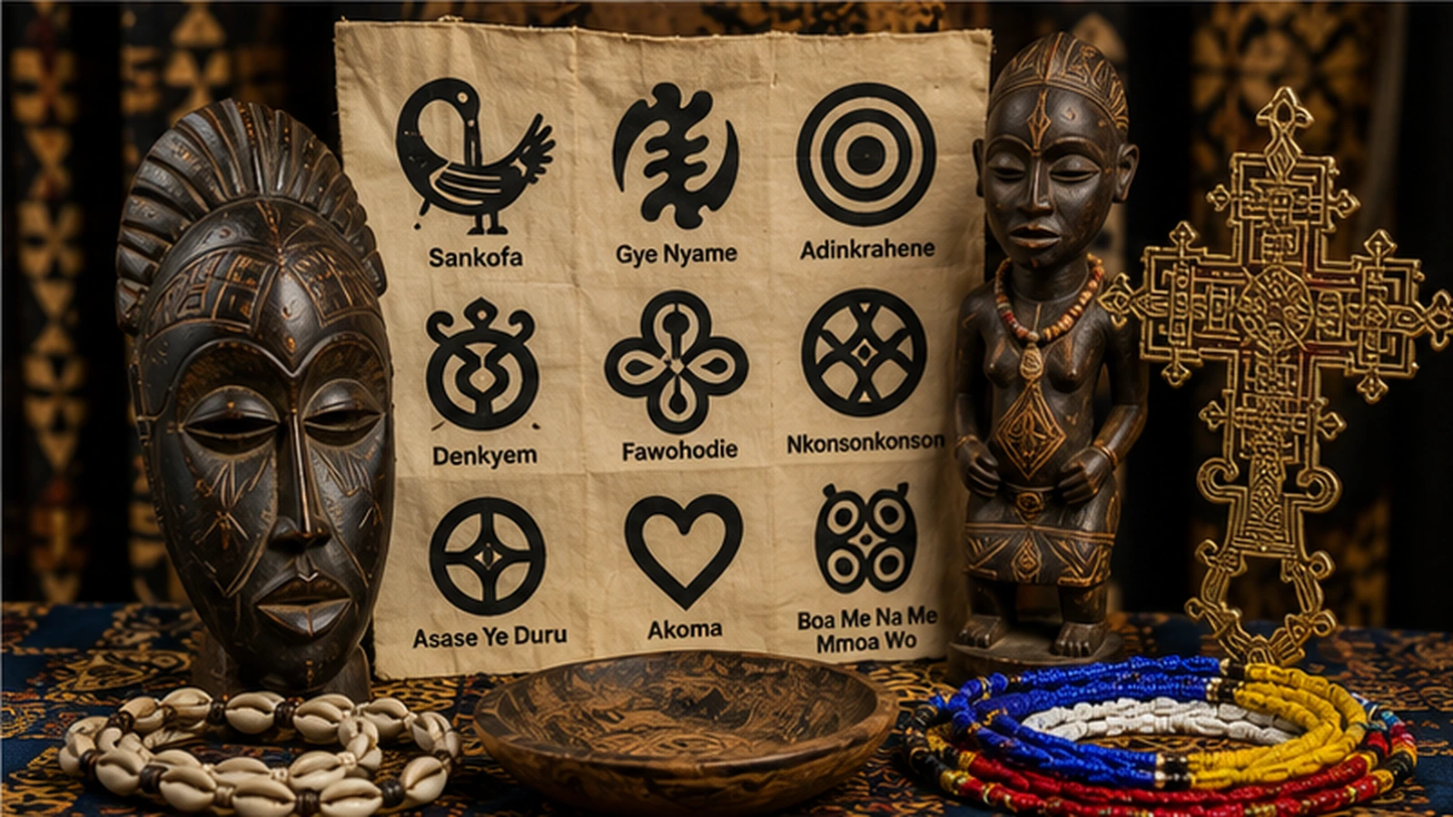Collection of culturally specific African sacred symbols, textiles, masks, ritual objects, and traditional visual designs