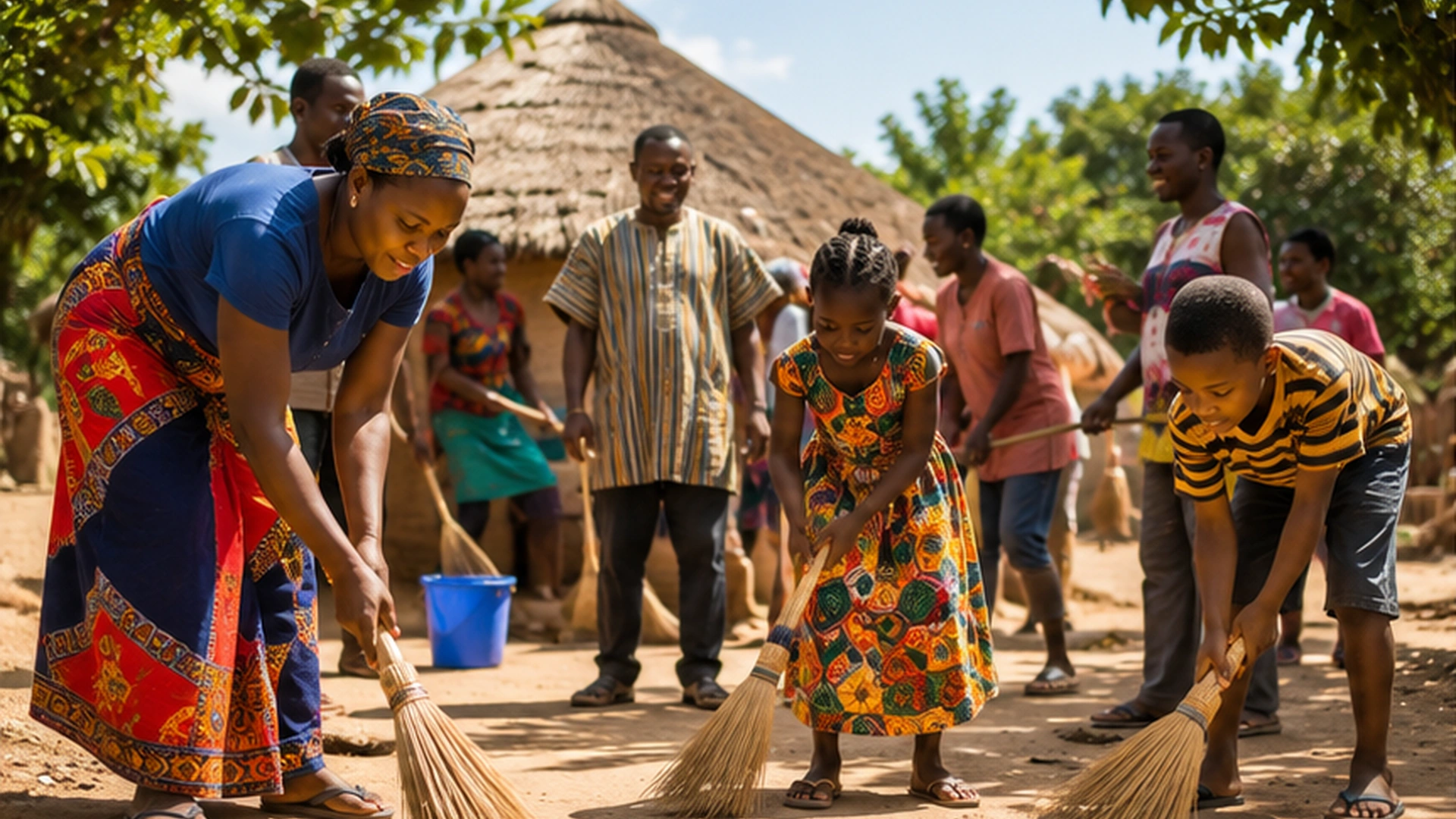 Family and community members cleaning their surroundings together before a seasonal celebration