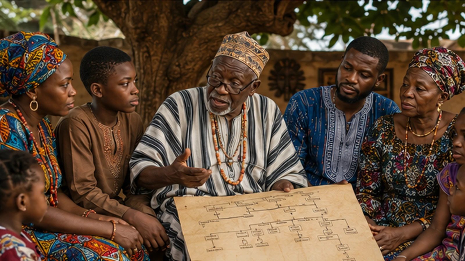 African elder sharing family lineage and ancestral history with several generations during a respectful family gathering