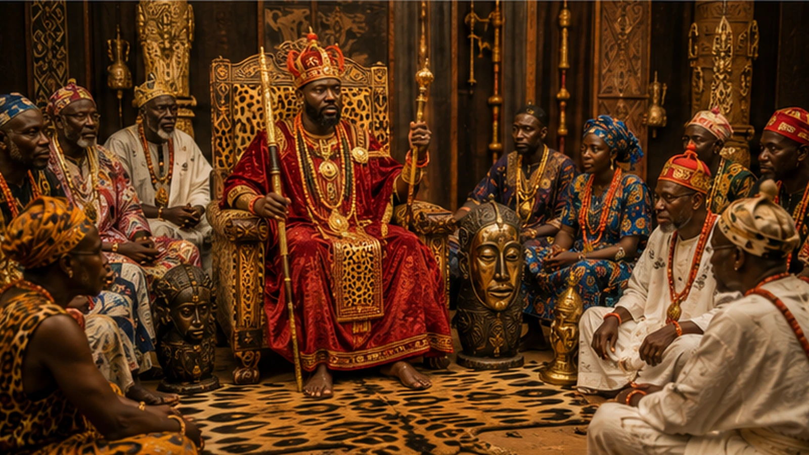 African royal court with elders, spiritual advisers, musicians, and community representatives gathered around a traditional ruler