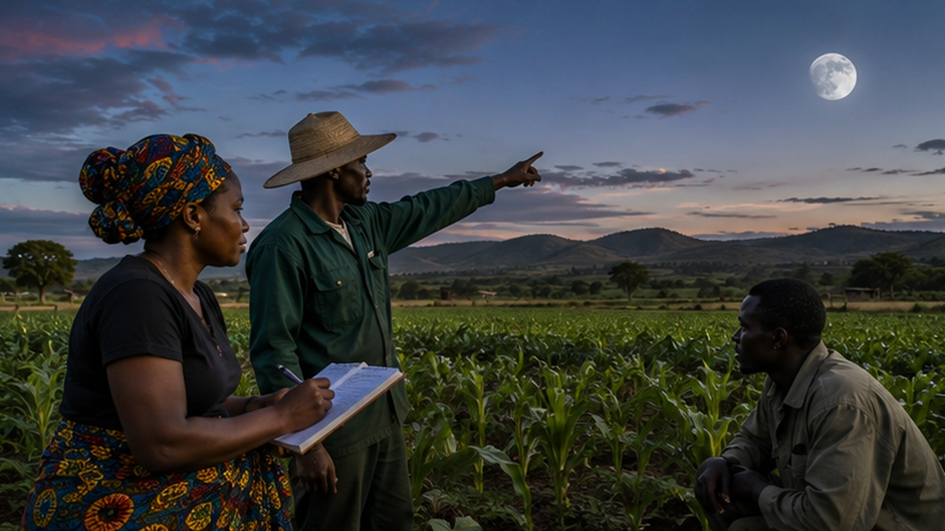 African farmers observing crops and the Moon while comparing traditional seasonal knowledge with weather and soil information