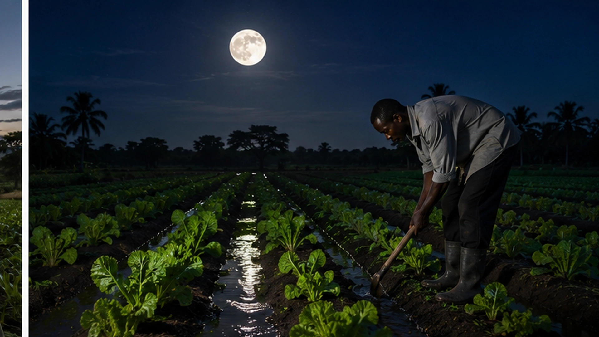 02 African Farmer Irrigating Crops Under Full Moon 02 African Farmer Irrigating Crops Under Full Moon