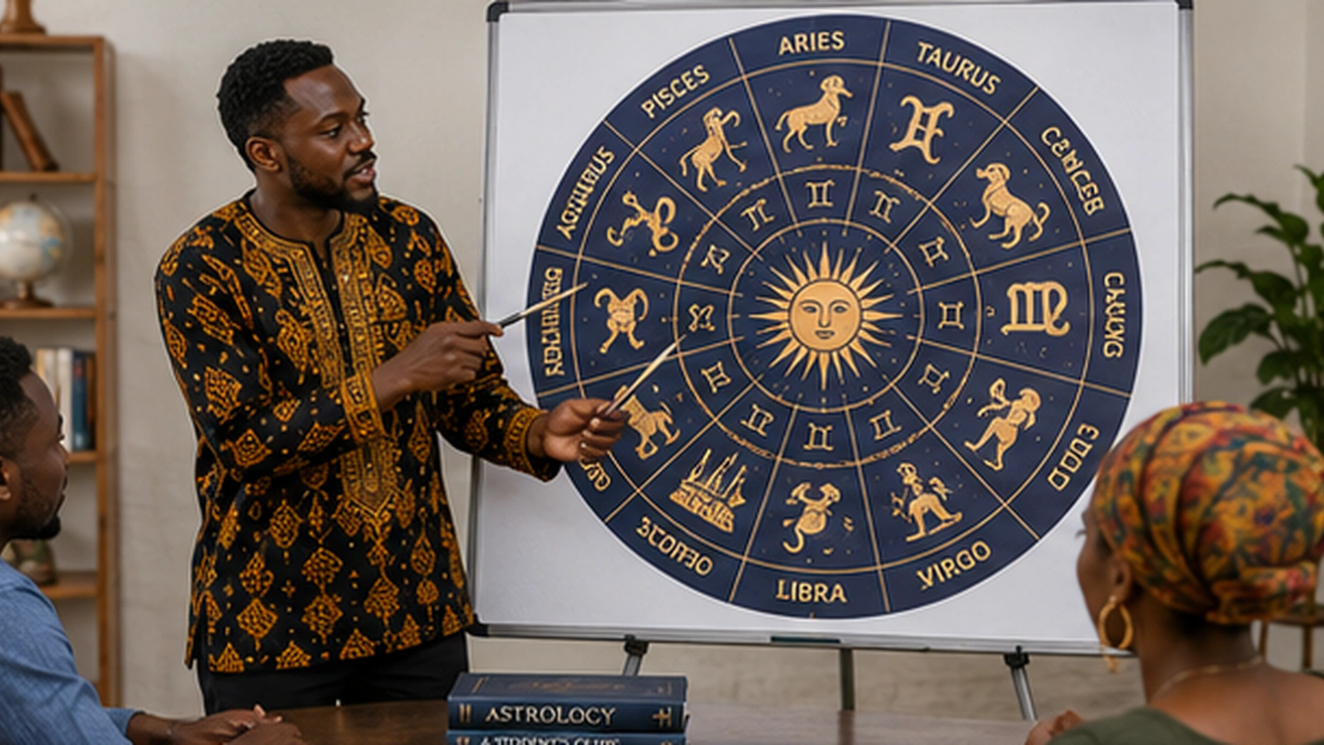 Black African astrology educator explaining the twelve zodiac signs using a circular chart in a bright classroom