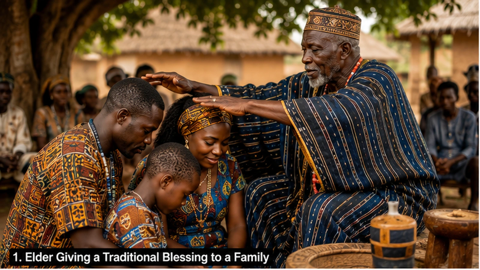 African elder offering a respectful blessing to a family during a community gathering