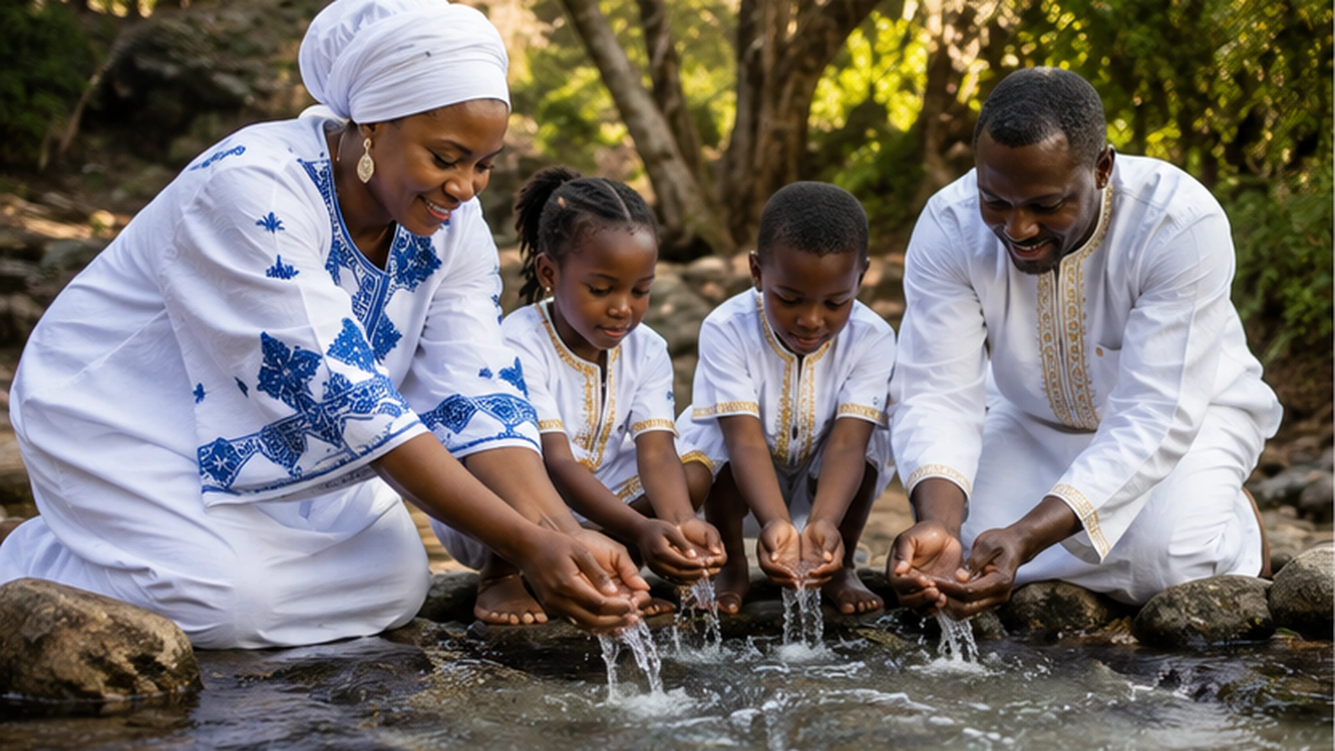 Clear flowing water beside a respectful family and community gathering symbolizing purification and renewal