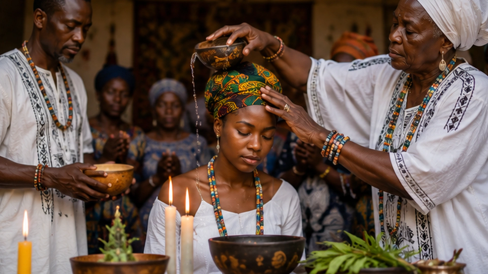 Respectful cultural scene showing water, prayer, candles, plants, ceremonial vessels, and family participation associated with spiritual purification traditions