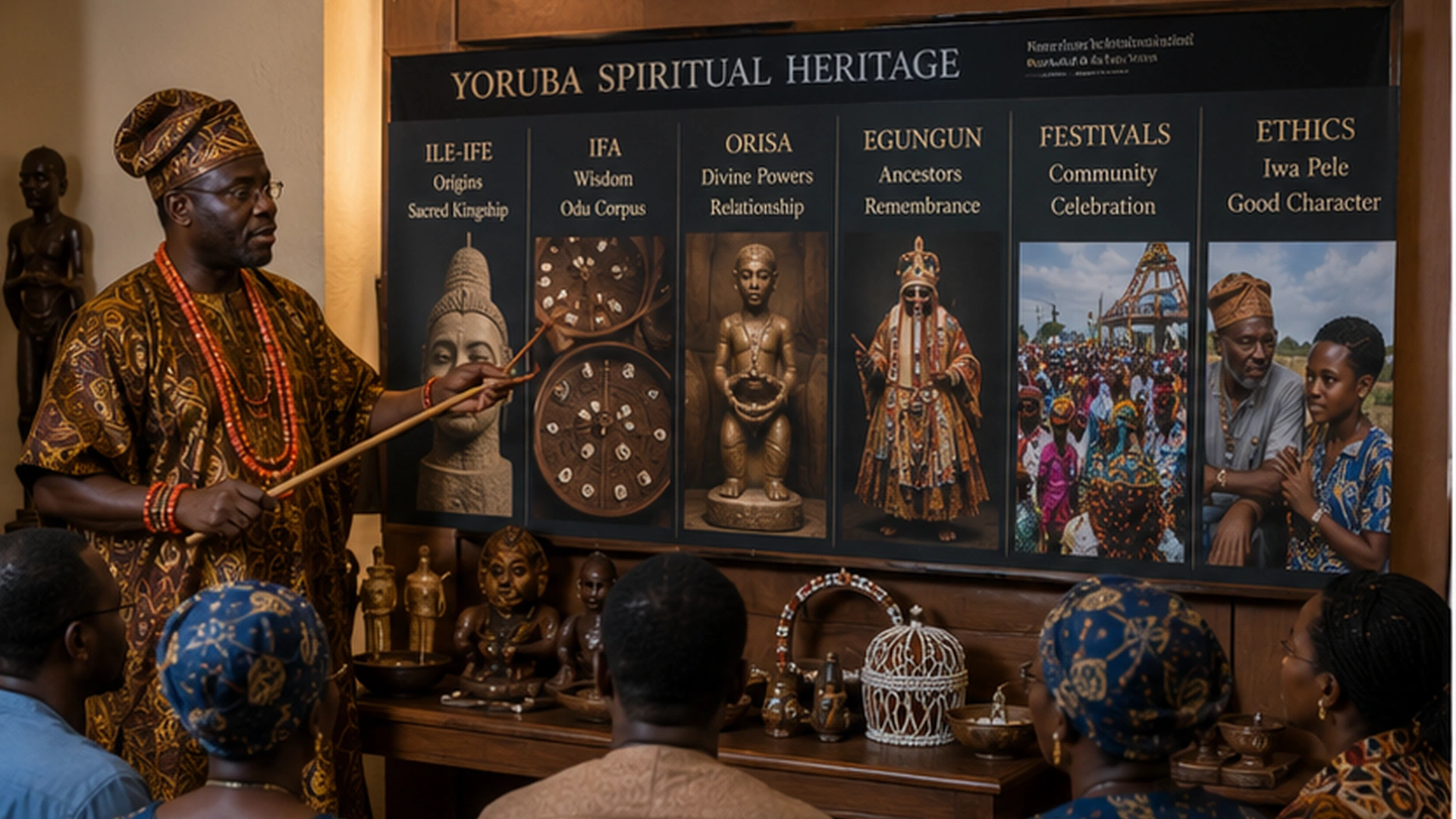 Yoruba cultural historian explaining Ifa, orisa devotion, Egungun ancestry, sacred kingship, festivals, and community ethics